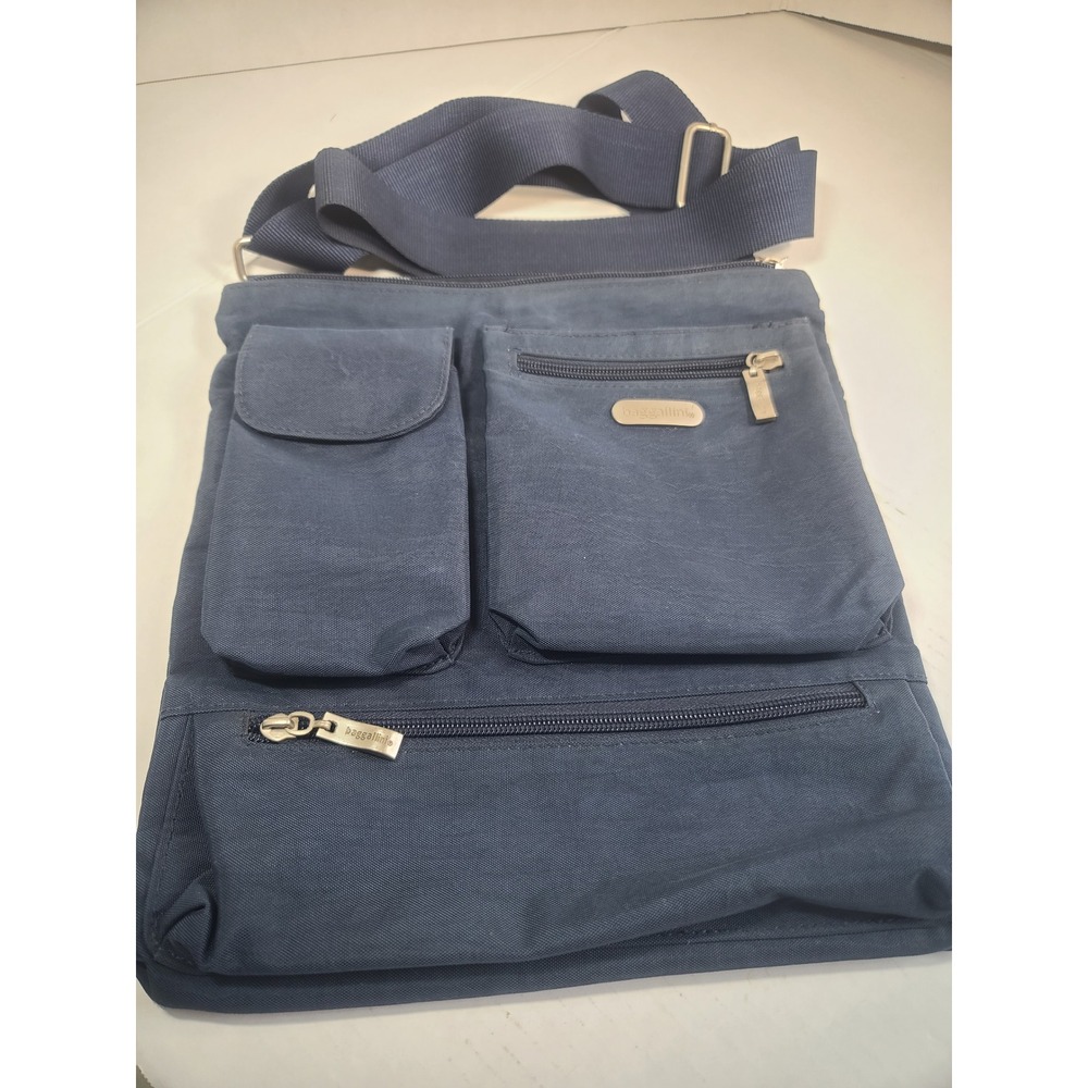 Baggallini Navy Blue Nylon Crossbody Organizer Bag Lime Green Lining Travel